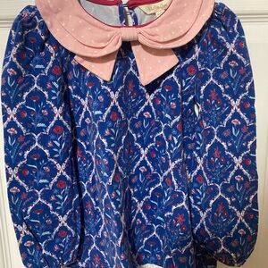 Matilda Jane Blue Floral Top with Pink Bow Collar Girl Size 6